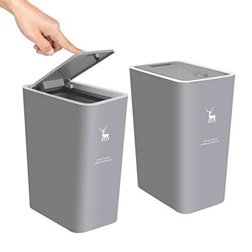 XPIY Trash Can with Lid, 2 Pack 4 Gallons/15 Liters Garbage Can | Small plastic waste basket with press top, dog proof design for bathroom|kitchen|bedroom|office use. (Grey) - color: GreyGrey