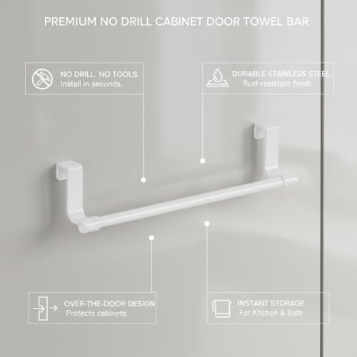 No-Drill Stainless Steel Cabinet Door Towel Bar, Over-the-Door Hanger for Kitchen & Bathroom Hand Towels, White