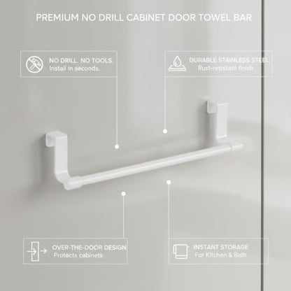 No-Drill Stainless Steel Cabinet Door Towel Bar, Over-the-Door Hanger for Kitchen & Bathroom Hand Towels, White