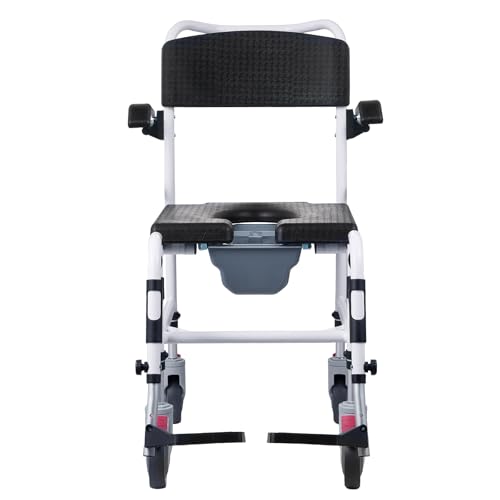 VEVOR Shower Commode Wheelchair with 4 Lockable Wheels, Footrests, Flip-up Arms, 3-Level Adjustable Height, 5L Removable Bucket, 350 LBS Capacity, Commode Chair for Adults Seniors | with 4 Lockable Wheels, Footrests, Flip-up Arms, 3-Level Adjustable Heigh