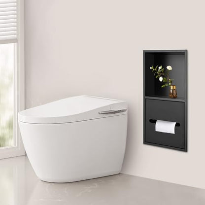 2 Tier Bathroom Wall Niche, Toilet Paper Holder with Shelf, Recessed Stainless Steel Organizer for Bathrooms, Living Rooms, Bedrooms, 8.54x4.92x16.54in (Black) - color: Black