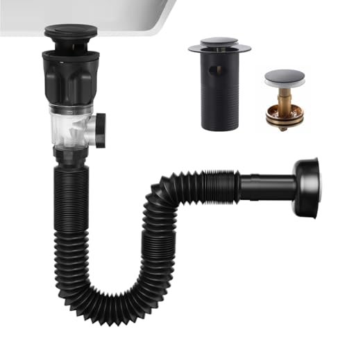 Bathroom Sink P trap with Overflow Drain - TSIBOMU Flexible Sink Drain Pipe for Basin drain replacement,Fits 1-1/4",1-1/2"and 2" Holes,Matte Black - color: Matte Black, style: With Overflow