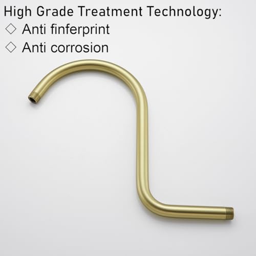 RANDOM S Shaped Shower Head Riser Pipe,Goose Neck Shower Arm 13 Inch Shower Head Extension Arm with Flange,Standard 1/2" Connection,Brushed Gold.RD-91098-13BG - color: Brushed Gold