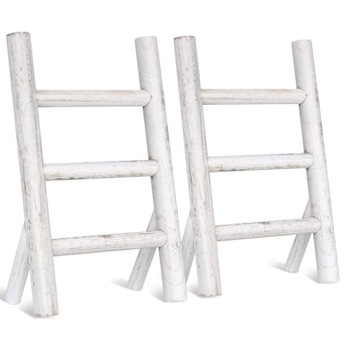 Cinnvoice 2 Pcs Wooden Tea Towel Ladder Rustic Hand Towel Stand Rack Mini Countertop Towel Stand Farmhouse Wood Counter Towel Holder for Bathroom Country Kitchen Office (White) - color: White