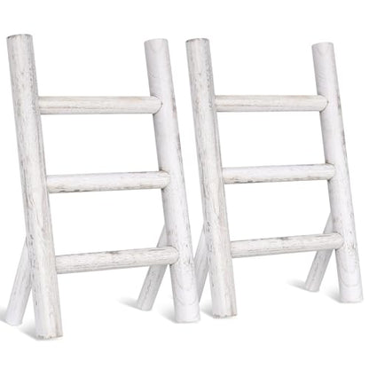 Cinnvoice 2 Pcs Wooden Tea Towel Ladder Rustic Hand Towel Stand Rack Mini Countertop Towel Stand Farmhouse Wood Counter Towel Holder for Bathroom Country Kitchen Office (White) - color: White