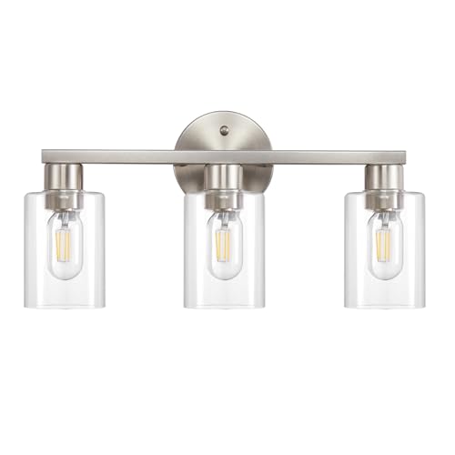 Bathroom Light Fixtures 3-Light Bathroom Vanity Light Brushed Nickel | Stainless steel body, Clear glass shade, E26 scoket, Anti-rust, Easy to install, Vanity lighting fixtures, Over mirror, 18 in - color: Brushed Nickel, size: 3 Light