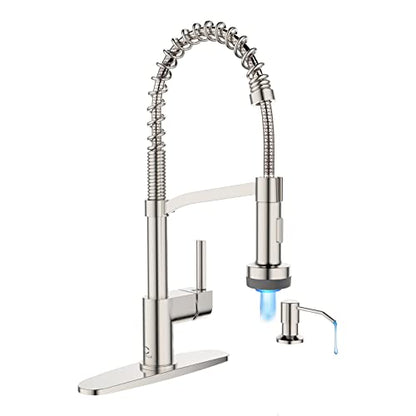 Kitchen Faucet with Soap Dispenser, LED Kitchen Faucet, Faucet for Kitchen Sink, Single Handle Stainless Steel Camper Farmhouse RV Sink Faucets with Pull Down Sprayer, Nickel Brushed - color: B-Brushed Nickel, style: Contemporary