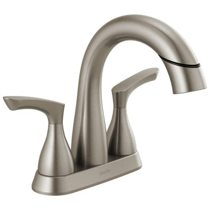Delta Broadmoor Centerset Brushed Nickel Bathroom Faucet with Sprayer, 4 Inch 3 Hole Bathroom Sink Faucet with Pull Out Sprayer, Push-Pop Drain, Stainless 25765LF-SSPD - color: SpotShield Stainless