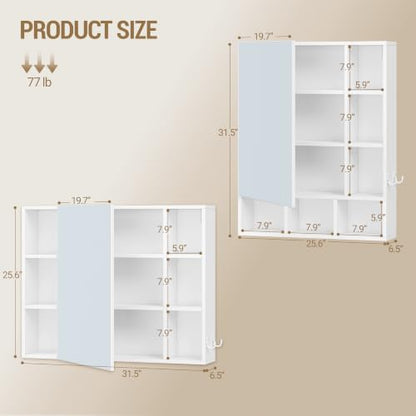 Hzuaneri Bathroom Cabinet with Mirror, Wall Cabinet with Storage Space | Wall Mounted with Reversible Install Storage Space,6 Open Compartments,3 Hidden Storage Shelves,Hooks,6.5"Dx25.6"Wx 31.5"H