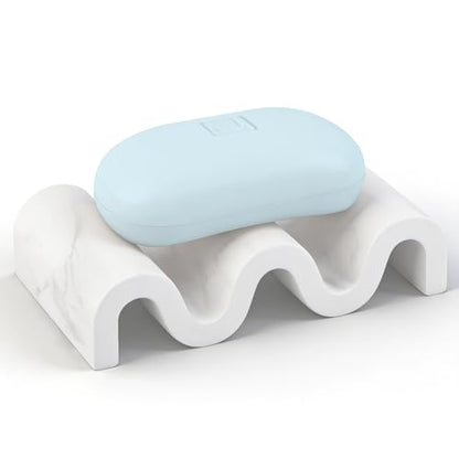 Diatomite Soap Dish Bar Soap Holder Wave Texture Sponge Tray, Marble White | Quick Drying, Self Draining Design Helps Keep Bar Soap Dry for Bathroom Sink, Shower & Kitchen - color: Marble White