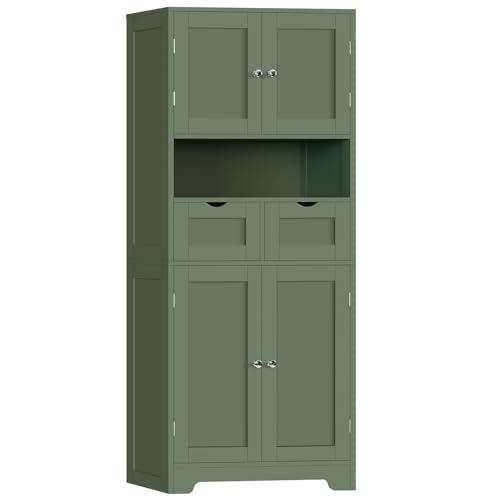 Iwell 58" H Tall Bathroom Storage Cabinet with 2 Drawers & 2 Adjustable Shelves, Bathroom Cabinet with 4 Doors, Tall Cabinet for Living Room, Dining Room, Entryway, Forest Green - color: Forest Green-4 Shelves
