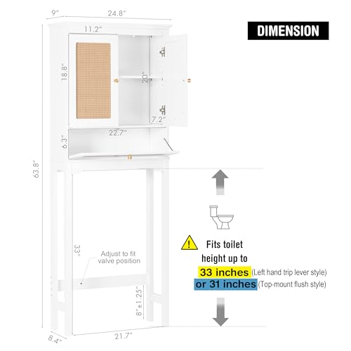Spirich Over the Toilet Storage Cabinet with Hand-Woven Rattan Doors, White | Tilt-Out Storage Cube, Adjustable Shelf, 33-Inch Toilet Clearance, Anti-Tip Bracket, Bathroom Organizer for Toiletries - style: Rectangular
