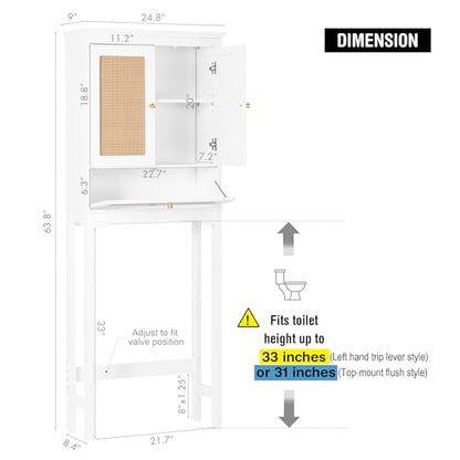 Spirich Over the Toilet Storage Cabinet with Hand-Woven Rattan Doors, White | Tilt-Out Storage Cube, Adjustable Shelf, 33-Inch Toilet Clearance, Anti-Tip Bracket, Bathroom Organizer for Toiletries - style: Rectangular