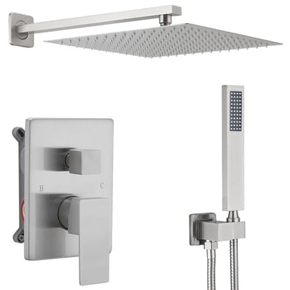 Shower Faucet Combo Set with Shower Spray Wand Large 12 Inch Shower Head Brushed Nickel Surface High Pressure with Rough-in Valve, Brushed Nickel - color: Brushed Nickel, style: 12"- 2 Function