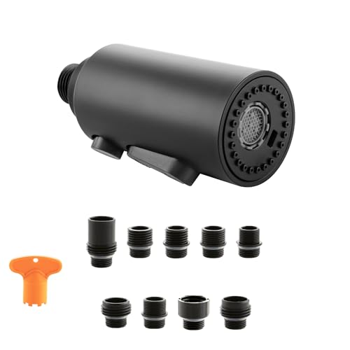 Pull Down Kitchen Faucet Head Replacement, 3 Function Pull Out Sprayer Head Nozzle with 9 Adapters for Kitchen Sink Faucet American Standard, Matte Black - color: Matte Black