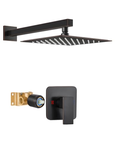 Heyalan 10 Inch Square Rain Shower Faucet Set with Valve, Oil Rubbed Bronze | Female-thread 1/2-inch NPT connections, SUS304 shower head, brass rough-in valve, single-handle control Shower Set - color: Bronze, size: 10 Inch Square Shower Head