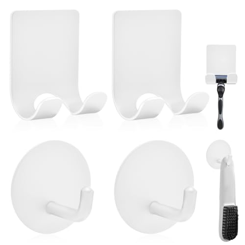 Razor Holder for Shower + Adhesive Wall Hooks, Premium 304 Stainless Steel Shower Razor Holder with Heavy Duty Waterproof Sticky Hooks for Hanging Towels, Coat, hat (2+2 Pack)-White - color: White-4pcs