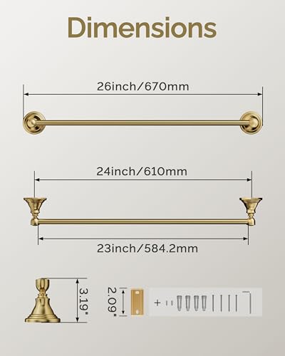 Towel Bar 24inch, Stainless Steel Bathroom Towel Rack Wall Mounted, Heavy Duty Towel Rod, Towel Holders for Bathroom, Kitchen(Brushed Gold) - color: Brushed Gold