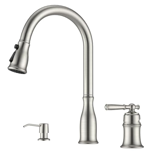 3 Holes Kitchen Sink Faucets with Pull Down Sprayer and Soap Dispenser, 2 Holes Brushed Nickel Sink Faucet for Kitchen by DAYONE, Single Handle High Arc, DAY-279BN - color: Brushed Nickel, style: 3 Holes