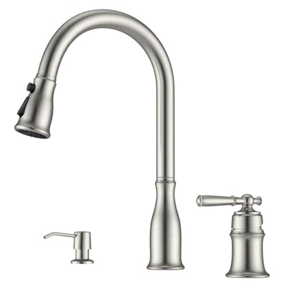 3 Holes Kitchen Sink Faucets with Pull Down Sprayer and Soap Dispenser, 2 Holes Brushed Nickel Sink Faucet for Kitchen by DAYONE, Single Handle High Arc, DAY-279BN - color: Brushed Nickel, style: 3 Holes