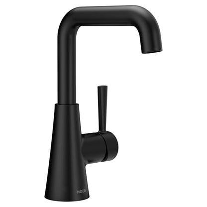 Moen Ronan Matte Black Double Bend Single Hole Modern Bathroom Sink Faucet with Optional Deckplate and Spring Loaded Drain Assembly, 84024BL - color: Matte Black, style: Single Handle