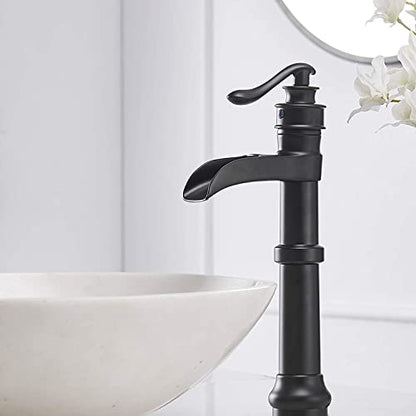 Black Waterfall Bathroom Sink Faucet Single-Handle 1 Hole | Above Counter Bowl Sink,with Pop Up Drain Assembly and Supply Hose,Lead-Free Solid Brass,Vanity Lavatory Mixer Tap - color: Black
