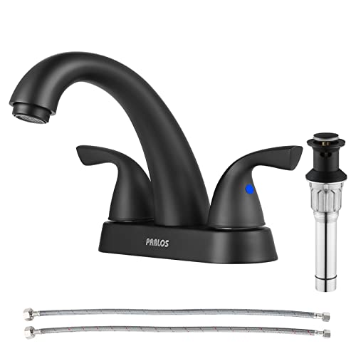 PARLOS Bathroom Sink Faucet 4 Inch Centerset for Vanity, Matte Black | Mid Arc, 2 Handle Lead-Free Deck Mount Bathroom Faucet with Pop Up Drain Supply Lines, for 2 or 3 Hole Lavatory Utility Sink - color: Matte Black