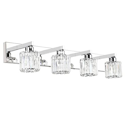 Aipsun Crystal Bathroom Vanity Light Modern Vanity Lighting Fixtures Crystal Vanity Light for Bathroom 4 Lights(Not Include Bulb) - color: Chrome (Round), size: 32 inch