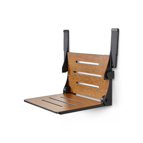 Seachrome Silhouette Comfort Folding Wall Mount Shower Bench Seat with Arms, Rustic Teak Seat with Matte Black Frame - color: Rustic Teak With Matte Black Frame