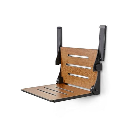 Seachrome Silhouette Comfort Folding Wall Mount Shower Bench Seat with Arms, Rustic Teak Seat with Matte Black Frame - color: Rustic Teak With Matte Black Frame