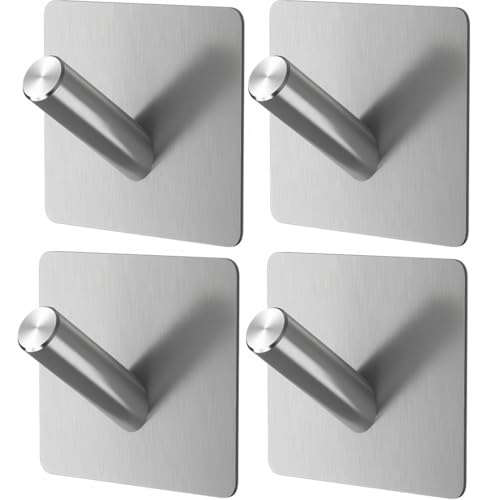 4 Pack Adhesive Towel Hooks Anti-Skid Heavy Duty Towel Hanger Waterproof Stainless Steel Stick on Shower No Drill Hooks for Hanging-Bathroom and Kitchen