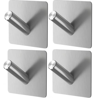 4 Pack Adhesive Towel Hooks Anti-Skid Heavy Duty Towel Hanger Waterproof Stainless Steel Stick on Shower No Drill Hooks for Hanging-Bathroom and Kitchen