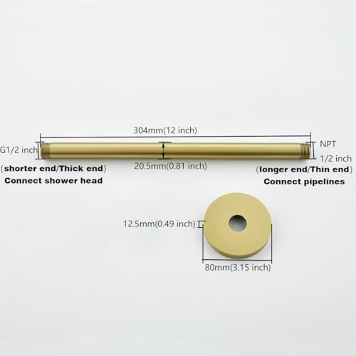 RANDOM Shower Arm with Flange,Gold 12 Inches Ceiling Mount Shower Head Extension Arm Straight Arm Ceiling-Mounted For Fixed Shower Head,Brushed Gold.RD91038-12BG - color: 12″ Brushed Gold(Round Flange)