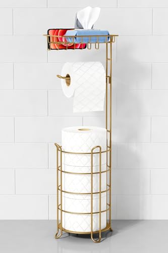 Goozii Gold Free Standing Toilet Paper Holder Stand with Phone Shelf, Floor Bathroom Tissue Holder for Large Mega Rolls, Metal Freestanding Toilet Paper Roll Holder with Wipes Storage Tray - color: Gold