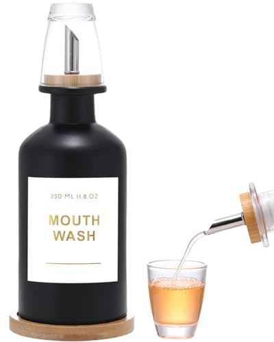 11.8OZ Glass Mouthwash Dispenser for Bathroom, Black | Stainless Steel & Bamboo Nozzle, Mouthwash Cup Reusable, Bamboo Tray, Elegant Gold Sticker - color: Black/350*1