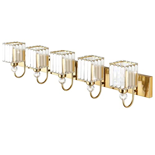 Ralbay Gold Crystal 5-Light Bathroom Vanity Lights Over Mirror Modern Crystal Gold Bathroom Vanity Lighting - color: Square-Gold, size: 5-light