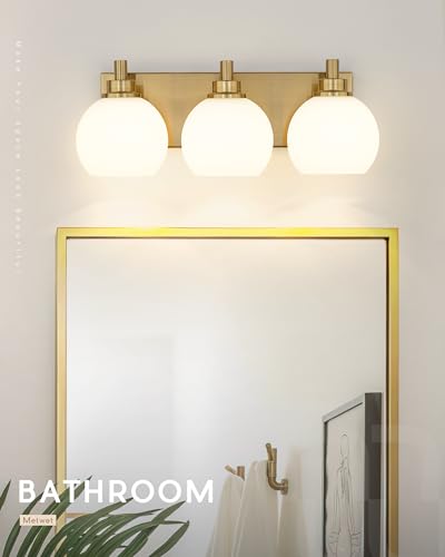 Bathroom Light Fixtures, 3-Light Brushed Gold Vanity Light, Modern Wall Sconces with Milk White Globe Glass Shade, Vanity Lighting Fixtures Over Mirror, VL195-BG-ML-3 | 18" modern bathroom light fixtures over mirror, E26 base, bulbs not included, VL195-BG
