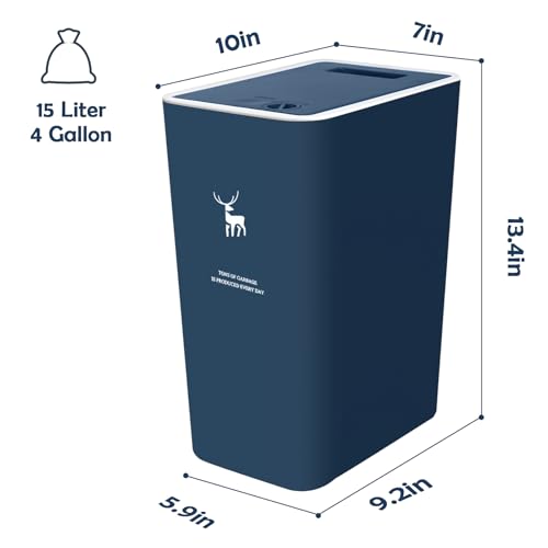 XPIY Trash Can with Lid, 2 Pack 4 Gallons/15 Liters Garbage Can with Press Top, Small Trash Can Dog Proof, Plastic Trash Bin, Waste Basket for Bathroom|Kitchen|Bedroom|Office (2, Blue) - color: Blue