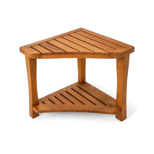 Teak Shower Bench with Storage Shelf, Corner Teak Shower Stool, Waterproof | 100% Grade A solid wood, marine-grade triple-coat finish, slatted drainage, non-slip feet and stainless steel hardware