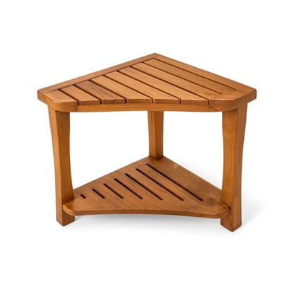 Teak Shower Bench with Storage Shelf, Corner Teak Shower Stool, Waterproof | 100% Grade A solid wood, marine-grade triple-coat finish, slatted drainage, non-slip feet and stainless steel hardware