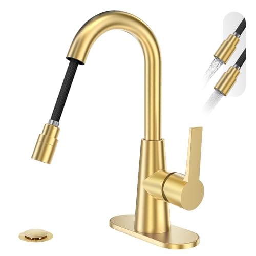 Brushed Gold Tall Bathroom Sink Faucet with Pull Down Sprayer, High Arc Single Handle Pull Out Faucet with Pop-Up Drain, 1 or 3 Hole Laundry Bar Basin Faucet with Deck Plate,WE10CL-ZY-BG - color: Brushed Gold