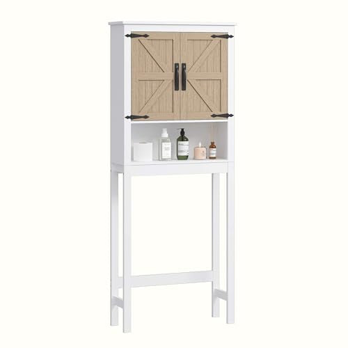 Spirich Over the Toilet Storage Cabinet with Wood-Grain Barn Doors, White | Adjustable Shelves, 33-Inch Toilet Clearance, Adjustable Bottom Rail, Anti-Tip Device, Farmhouse Style, FSC-Certified Wood
