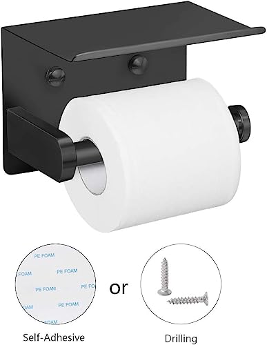 Toilet Paper Holder Wall Mounted with Phone Stand for Tissue Rolls | 2-in-1 Adhesive/Drill Mount Stainless Steel Bathroom Tissue Paper Dispenser, High Load Capacity, Easy Install