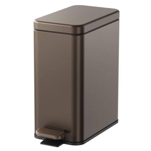 Cesun 2.6 Gallons Small Bathroom Trash Can with Lid Soft Close, Brown | Removable Inner Bucket, Small Stainless Steel Garbage Can for Bedroom/Office, Hands-Free Step Pedal, Fingerprint-Resistant - color: Brown