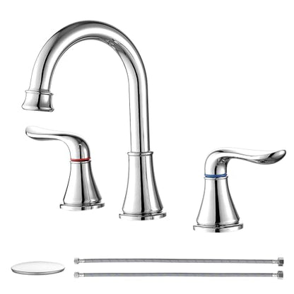 GENBONS Chrome Bathroom Faucet 3 Hole, 8 Inch Widespread Bathroom Sink Faucet 2-Handles Vanity Bath Faucets with Pop Up Drain - color: Chrome - W, style: Widespread Bathroom Faucet