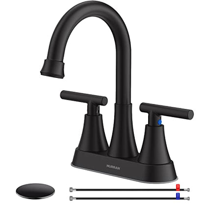 Matte Black Bathroom Faucet, Hurran 4 inch Centerset 2-Handle Lead-Free | Bathroom Sink Faucet with Pop-up Drain and Supply Lines, Stainless Steel Faucet for Vanity RV Restroom Laundry Outdoor Sink - color: Matte Black