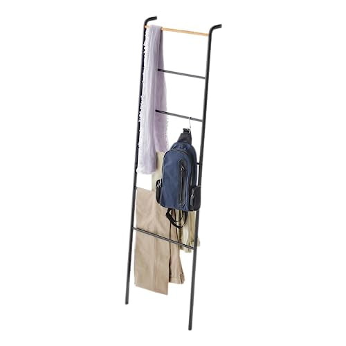 Yamazaki Home Tower Leaning Ladder Rack, Space Saving - Ladder, 63" - Steel | Leaning ladder hanger for bedroom, closet, living room, bathroom storage. Non-slip rubber caps protect floors and walls. - color: Black