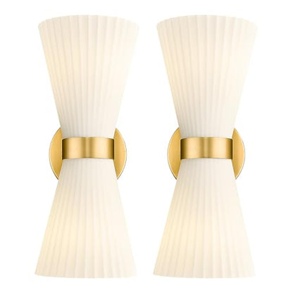 Modern Wall Sconce Set of 2, HWH 2-Light Up Down Wall Light Indoor Vanity Wall Lamp, Brushed Gold Bathroom Vanity Sconce Frosted White Striped Glass Shade, 5HZG97B-2W-2PK BG - color: Brushed Gold, size: 2-Light*2