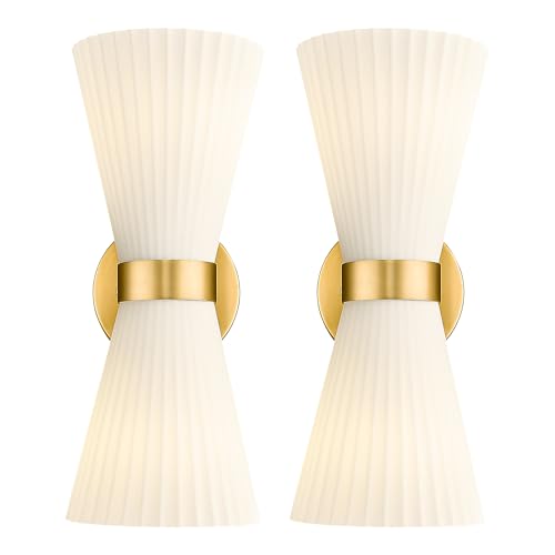 Modern Wall Sconce Set of 2, HWH 2-Light Up Down Wall Light Indoor Vanity Wall Lamp, Brushed Gold Bathroom Vanity Sconce Frosted White Striped Glass Shade, 5HZG97B-2W-2PK BG - color: Brushed Gold, size: 2-Light*2