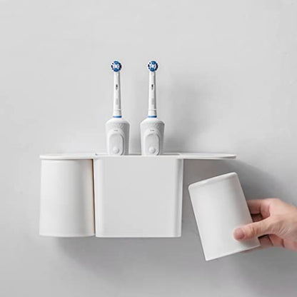 Wall-Mounted Toothbrush and Toothpaste Holder - Self-Draining Design, Easy Installation, Space-Saving, White (Double - Two Magnetic Cups)